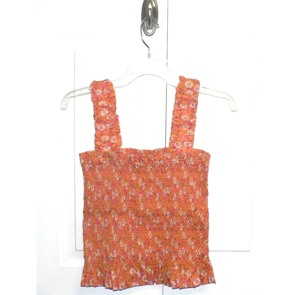 WAYF Women's Floral Square Neck Smocked Seersucker Tank Top Orange Multi Medium